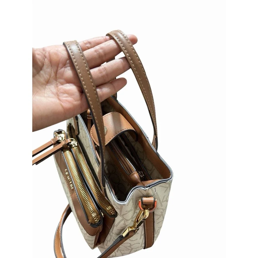Calvin‎ Klein Signature Monogram Satchel Crossbody Beige Brown Zip Bag